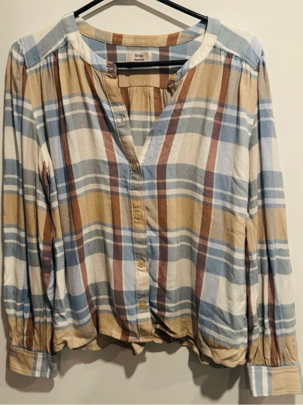 Aritzia x Little Moon Calla Button Up plaid flannel flowy blue white street S
